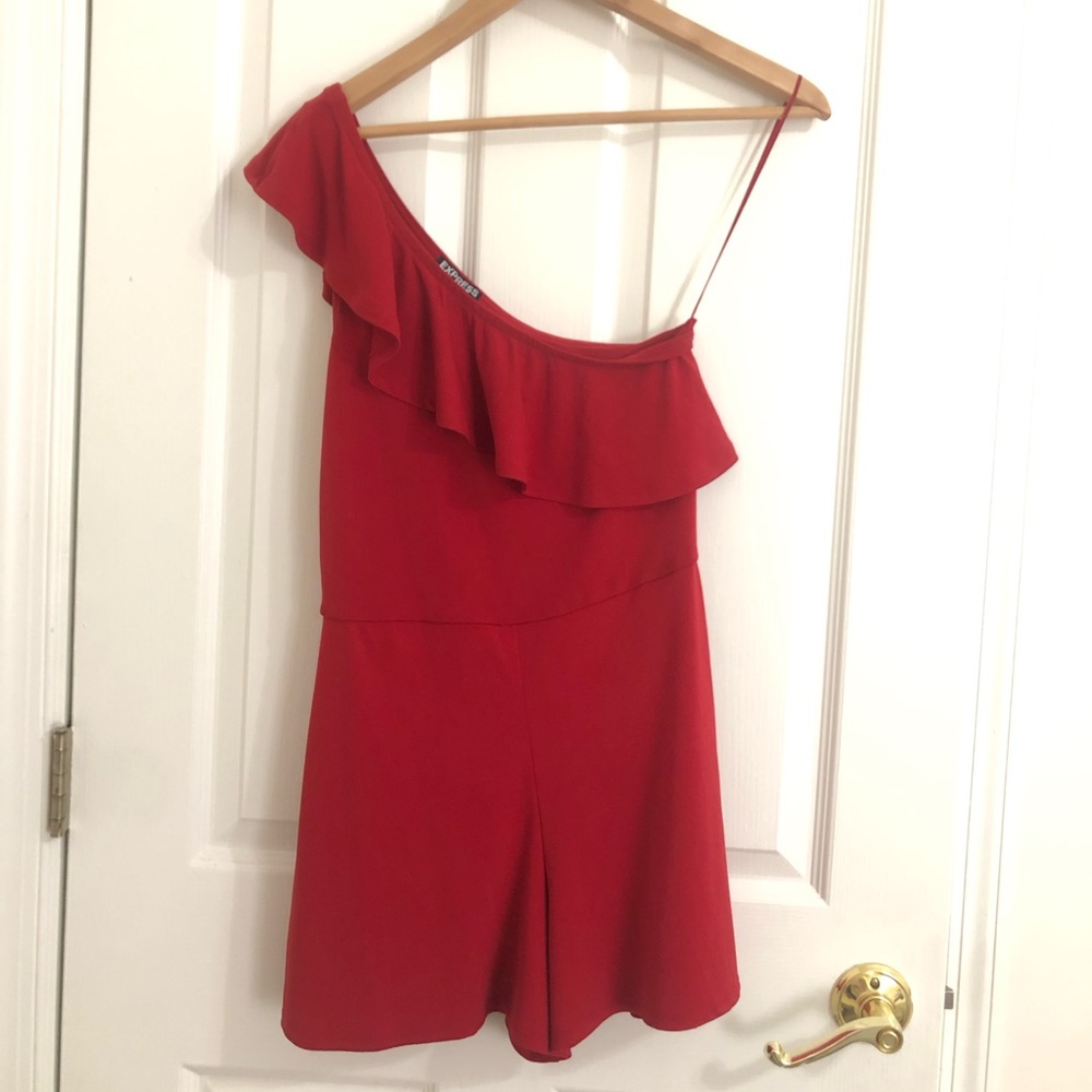 One shoulder red romper